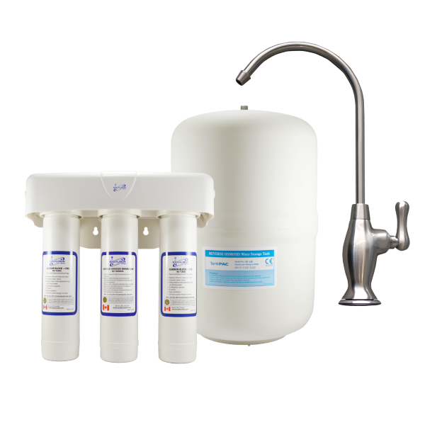 Three-stage reverse osmosis system with storage tank and drinking-water faucet